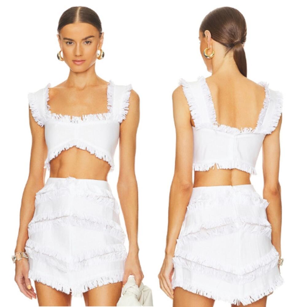 NWT Alexis Sleeveless Linen Fringe Trim Elmi Crop Top White Raffia Size: XS